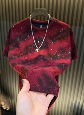 2026新款短袖t恤男满天星烫钻破洞百搭圆领休闲短袖男半袖打底衫
