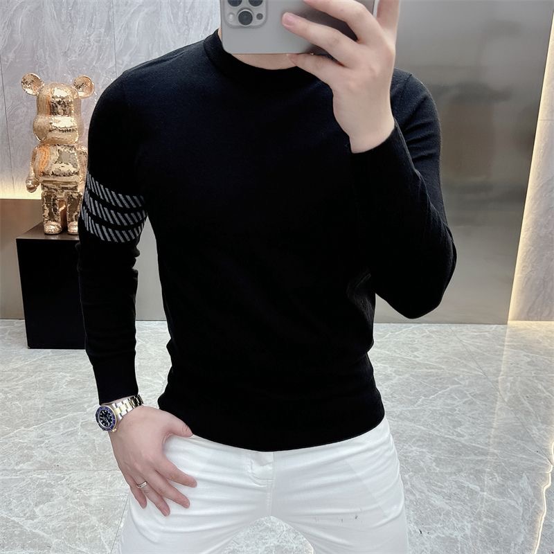 2025秋冬新款简约百搭印花条纹针织衫修身潮流圆领男士长袖毛衣潮