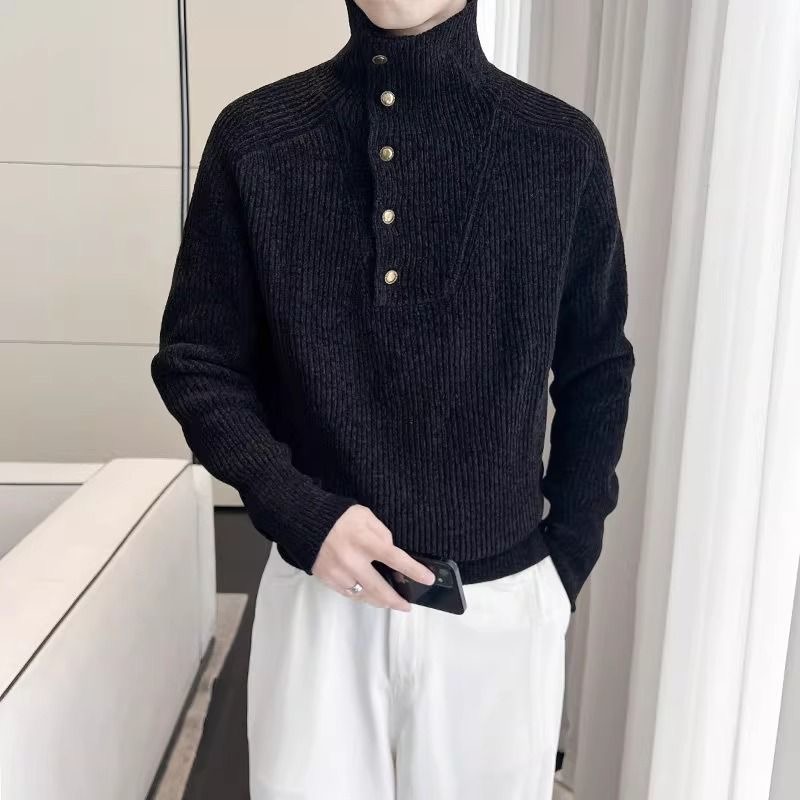 2025男士韩版设计高级百搭慵懒纯色高领针织毛衣外套纽扣针织衫