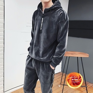 春秋冬款男士金丝绒两件套欧货韩版时尚双面加绒加厚连帽卫衣套装