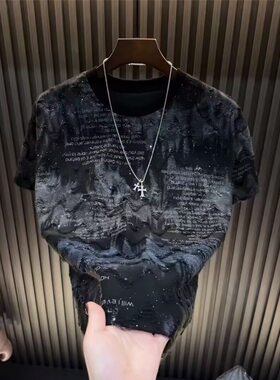 春秋新款字母印花重磅短袖男时尚轻奢百搭满天星破洞上衣圆领半袖