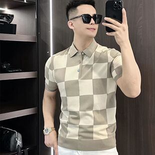 夏季 商务休闲T恤男士 上衣短袖 修身 翻领格子拼接Polo衫 欧州站时尚