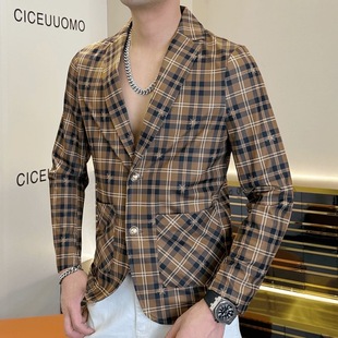 欧洲时尚 高级感痞帅经典 格子西装 修身 格纹西服上衣 外套春秋季 男士