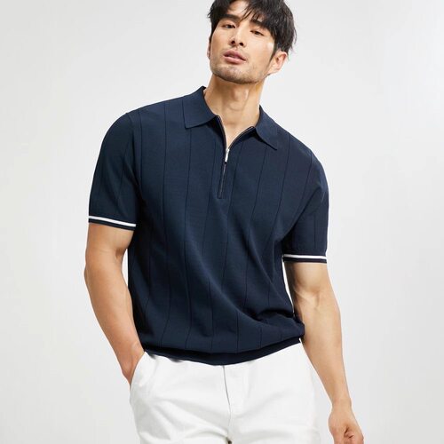 潮流针织POLO衫男冰丝修身翻领拉链韩版轻熟风商务休闲短袖新款