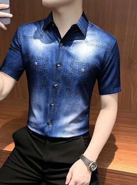 牛仔印花衬衫男短袖夏季薄款爆款2026潮流新款网红款痞帅男装休闲