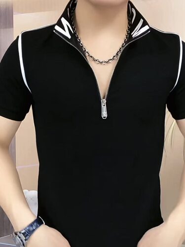 男士短袖立领半拉链正肩撞色T恤夏装新款高档休闲黑色显瘦Polo衫