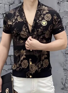 轻奢潮牌男士商务衬衫短袖黑金花卉V领设计T恤高级感修身上衣