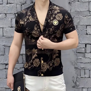轻奢潮牌男士商务衬衫短袖黑金花卉V领设计T恤高级感修身上衣