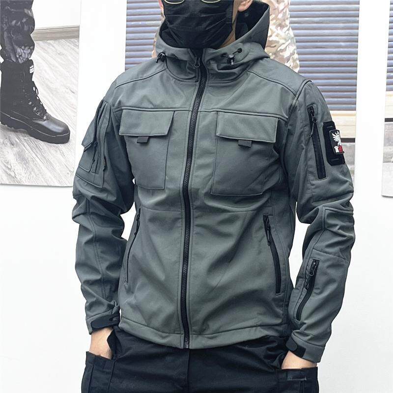 春秋修身软壳战术骑行短夹克抓绒弹力冲锋衣户外套防水防刮灰色潮