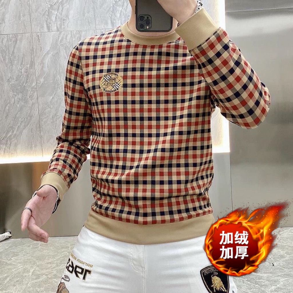 欧洲站春秋冬时尚新品男士青年格子套头长袖卫衣印花打底T恤上衣