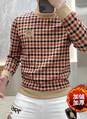 欧洲站春秋冬时尚新品男士青年格子套头长袖卫衣印花打底T恤上衣