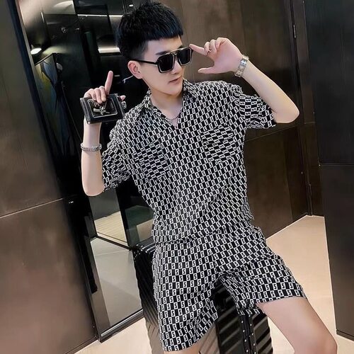 轻奢风格子满印字母套装男士夏季薄款冰丝休闲网红穿搭两件套