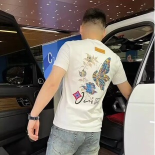2026夏季新款时尚潮男刺绣圆领短袖t恤背面印花百搭修身半袖潮牌