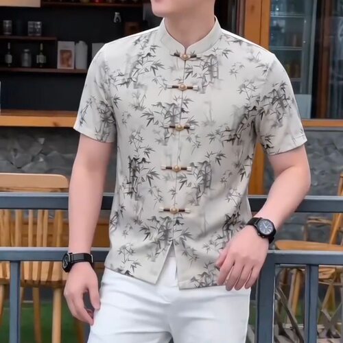 2026夏季新款男士短袖衬衫中国风复古盘扣立领上衣潮流帅气衬衣