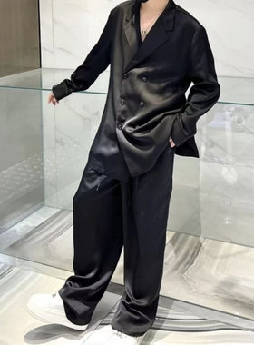 男士春秋新款高端轻奢两件套缎面质感舒适纯色宽松休闲西装式套装