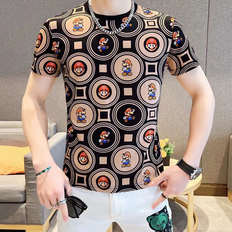 欧洲站潮流款式冰丝印花夏季轻薄款时尚宽松圆领t桖休闲百搭男装
