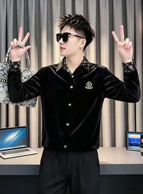 男士秋季新款时尚英伦风丝绒保暖衬衫百搭修身显瘦帅气外穿上衣t