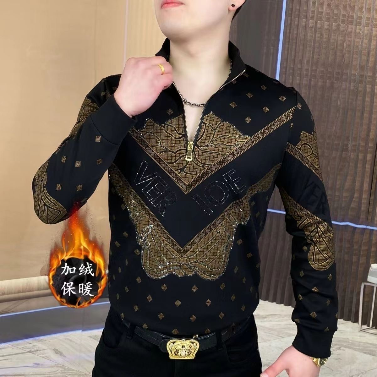 秋冬款潮流加绒加厚立领卫衣新款男士修身黑金韩版印花长袖T恤衫