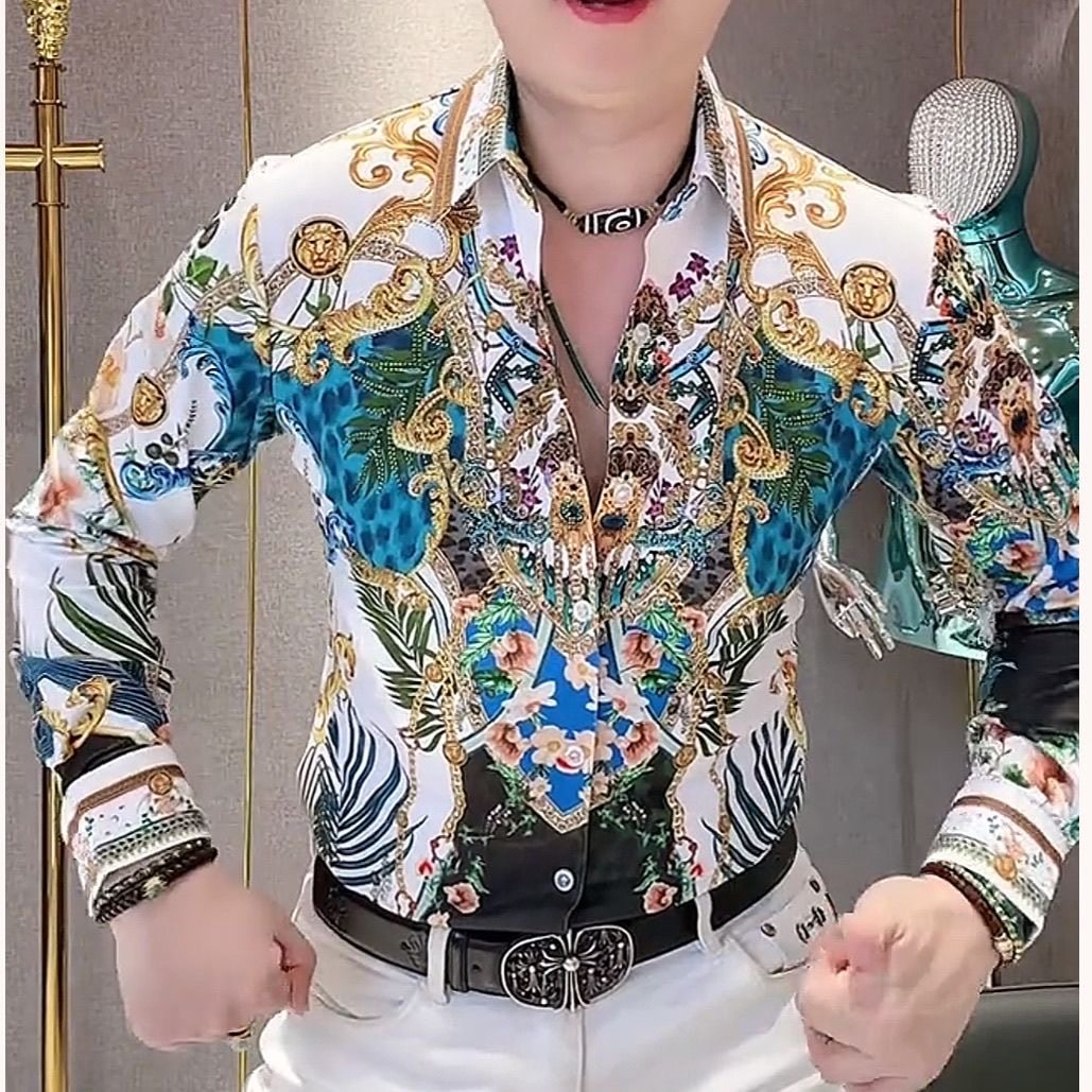 2026春秋新款巴洛克花鸟画风格潮流男士微弹力奥钻点缀长袖衬衫男