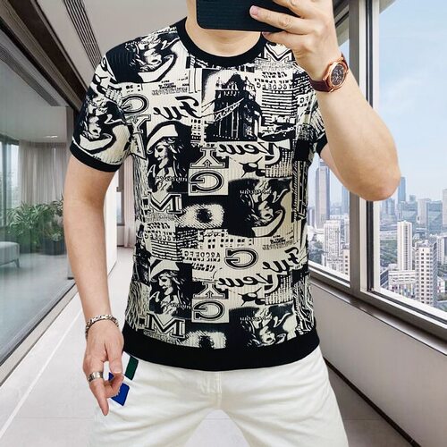 男士新款冰丝半袖提花短袖T恤夏季时尚休闲时尚潮流修身圆领上衣