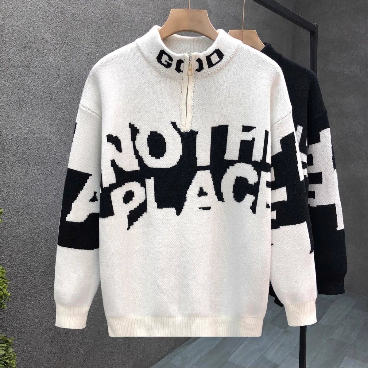 秋冬新款字母提花立领毛衣男士潮流修身百搭休闲针织衫上衣1/2件