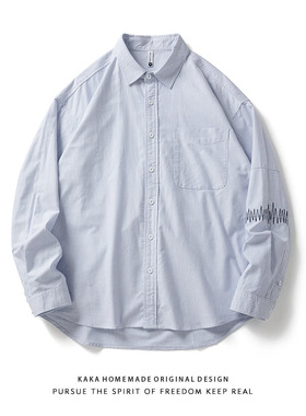 日系复古余文乐潮流刺绣纯棉蓝色长袖衬衫男春季潮牌休闲百搭衬衣