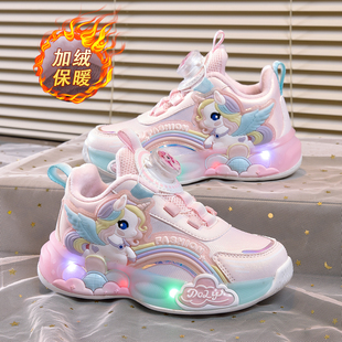 亮灯女童运动鞋加绒儿童棉鞋2025冬季新款女孩公主鞋发光鞋宝宝鞋
