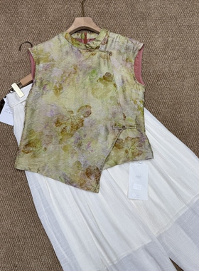 7171-3夏季新款新中式小蛮腰显瘦提花浮光盘扣无袖马甲女