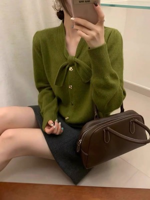 特价 绵羊毛蝴蝶结短款开衫毛衣女秋冬季高级感软糯舒适针织外套