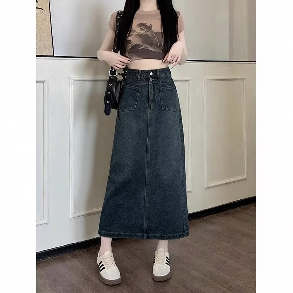 开叉牛仔半身裙女新款大码a字高