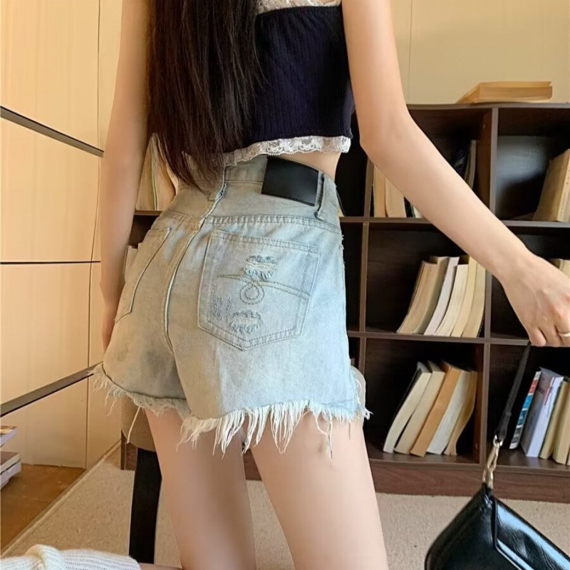 复古毛边破洞牛仔短裤女2025年春
