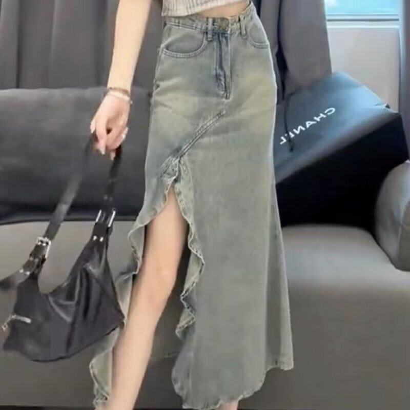 美式不规则牛仔鱼尾半身裙女夏季