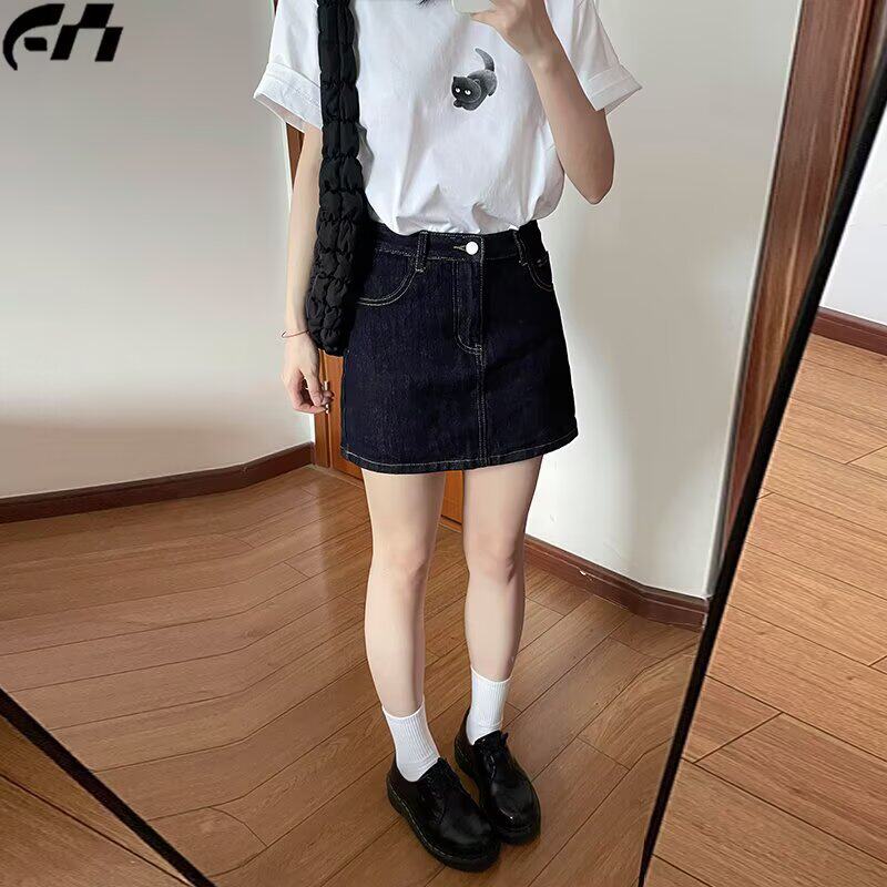 深蓝色牛仔裙裤女夏季高腰大码胖