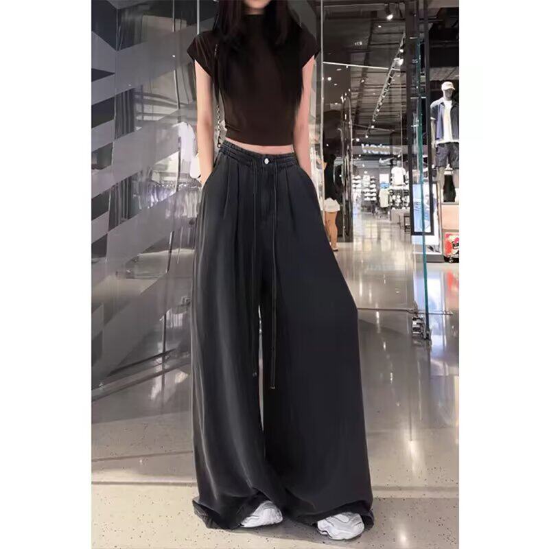 黑色宽松休闲直筒长裤子女装设计