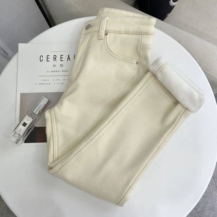 白色加绒加厚牛仔裤女潮流百搭九