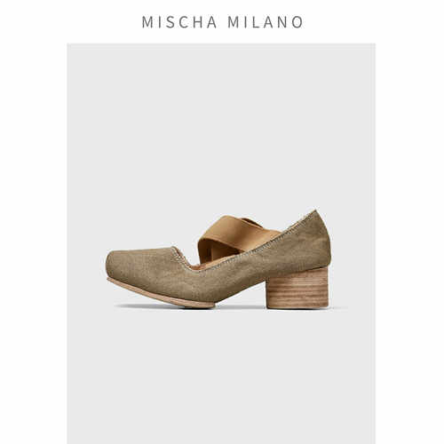 水洗亚麻芭蕾舞鞋中跟单鞋女