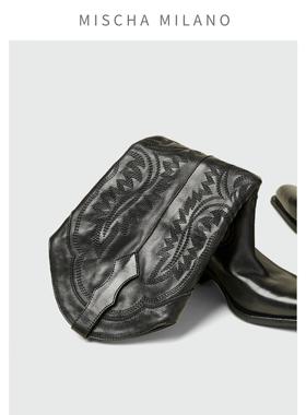 意大利mischa 24新品刺绣西部靴女 高筒不过膝长靴复古牛仔骑士靴