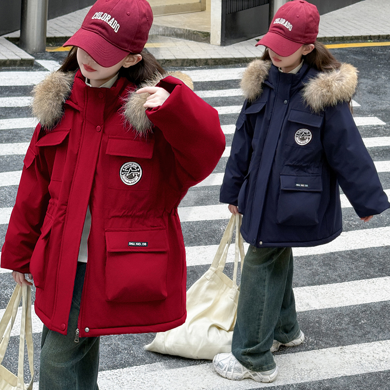 女童外套冬款加绒加厚派克服2025新款儿童女童棉服大童女孩中长款