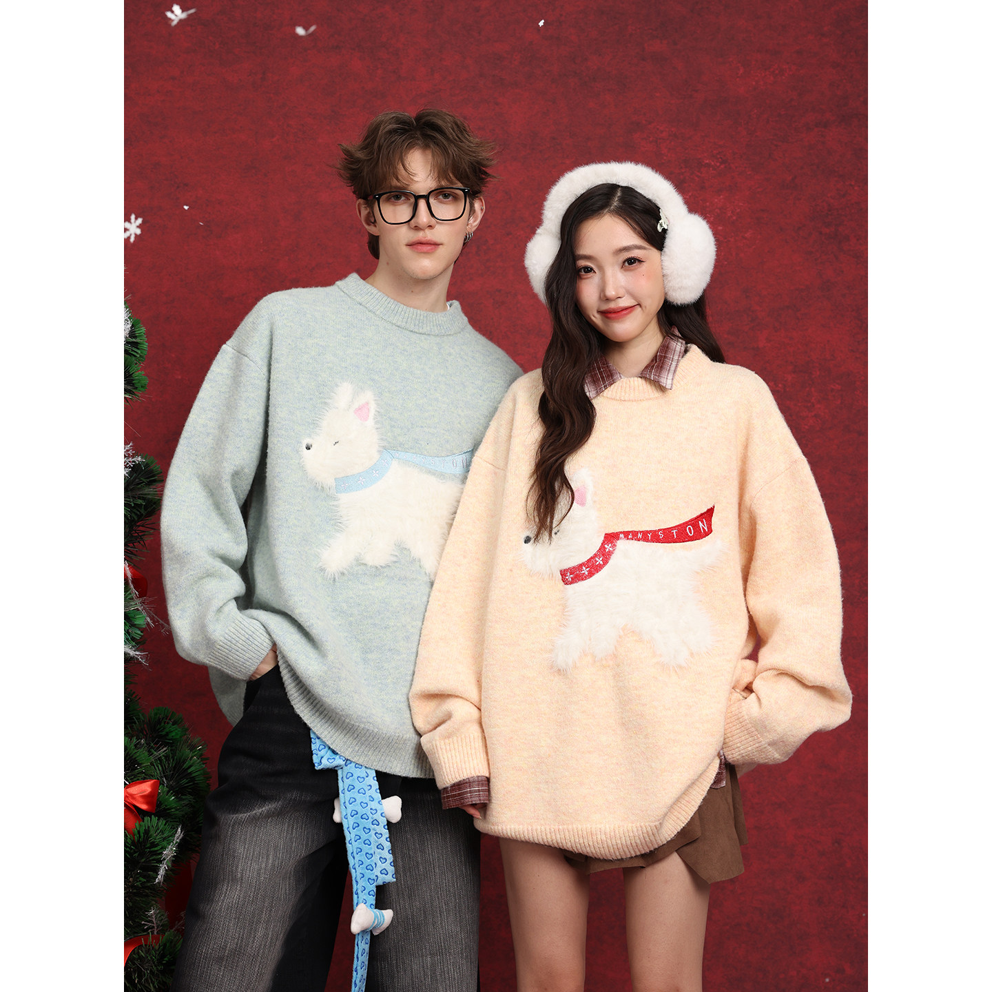 MANYSTON美式刺绣圆领毛衣男款冬季青少年宽松休闲保暖针织衫上衣