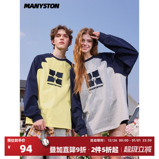 美式 情侣装 高街钉珠插肩长袖 春秋季 潮牌休闲上衣 T恤男款 MANYSTON