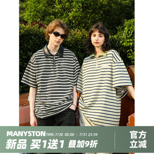 美式 POLO衫 清仓MANYSTON 复古情侣装 体恤 T恤夏季 男生衣服条纹半袖