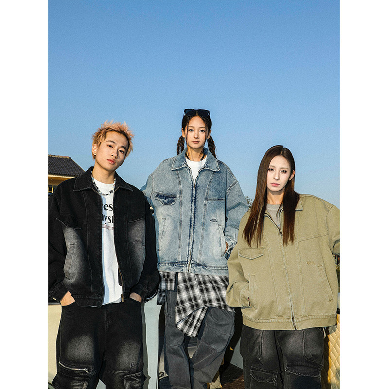 MANYSTON美式高街痞帅休闲外套男款春秋季潮牌青少年复古牛仔夹克