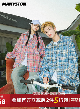 方逸伦同款MANYSTON美式痞帅休闲格子衬衫男春秋纯棉长袖衬衣外套