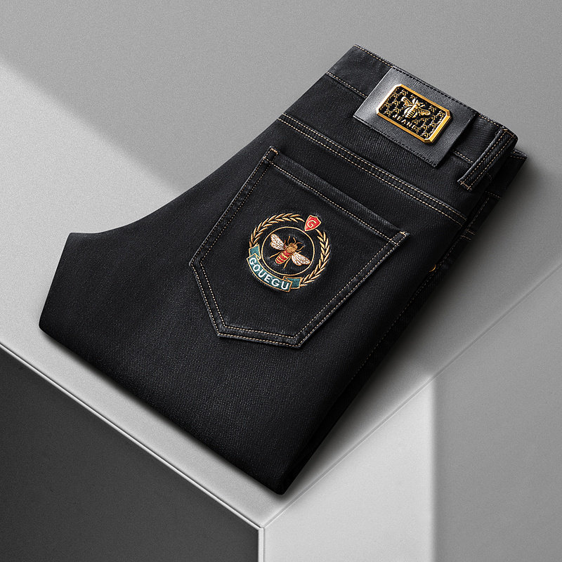 秋冬磨毛加厚修身弹力牛仔裤男士休闲商务时尚蜜蜂刺绣直筒男长裤