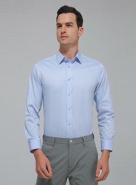 80支液氨免烫弹力CVC蓝色衬衫男士长袖商务正装抗皱职业纯色衬衣