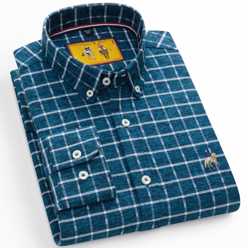 春季新款保罗衬衫男士长袖纯棉格子休闲衬衣中年百搭时尚磨毛上衣