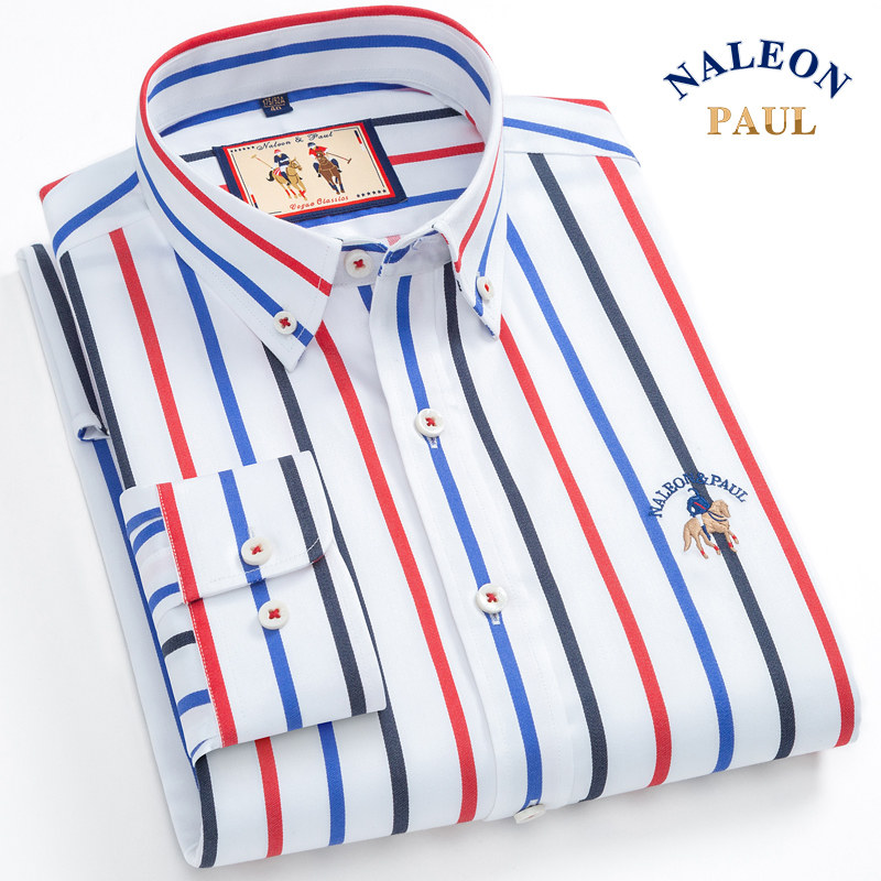 保罗液氨免烫纯棉衬衫男士长袖条纹百搭商务休闲衬衣春夏薄款上装