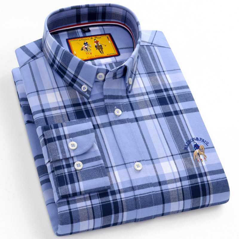 春季新款保罗磨毛长袖衬衫男士纯棉商务休闲格子衬衣中年百搭上衣