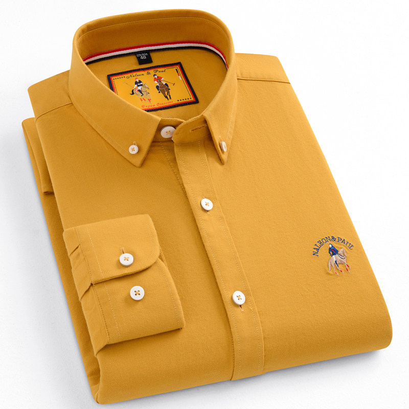 保罗春秋牛津纺纯棉磨毛长袖衬衫男士中青年百搭休闲纯色全棉衬衣