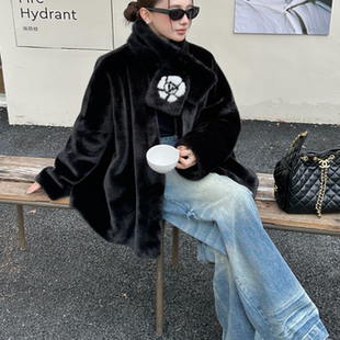 山茶花韵 秋冬新款加厚仿水貂绒v领宽松皮草外套女环保毛大衣女